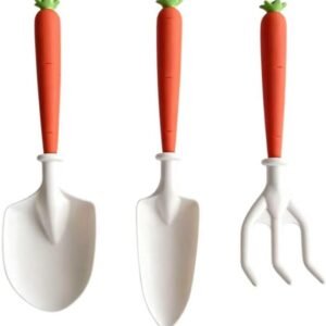 Garden Tool Set with Wide Shovel Pointed Shovel and Rake, 3-Piece Gardening Tool Set for Planting Weeding Digging in Lawns and Vegetable Gardens, Carrot and Corn Styles Available (Carrot)