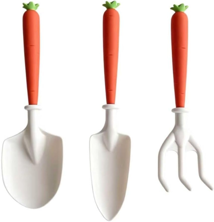 Garden Tool Set with Wide Shovel Pointed Shovel and Rake, 3-Piece Gardening Tool Set for Planting Weeding Digging in Lawns and Vegetable Gardens, Carrot and Corn Styles Available (Carrot)