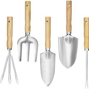 Garden Tool Set, 5 Piece Stainless Steel Gardening Tools with Wooden Handles Hand Tools with Transplanting Hand Shovel, Rake and Root Picker Ideal for Digging and Planting.