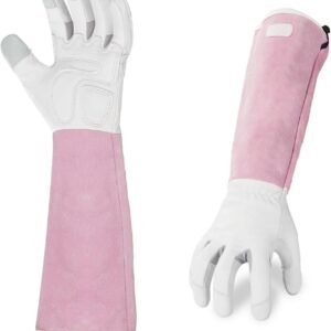 1-Pair Premium Genuine Goat Leather Extra-Long Cuff Thornproof Gardening Gloves (Size M, Pink White, )