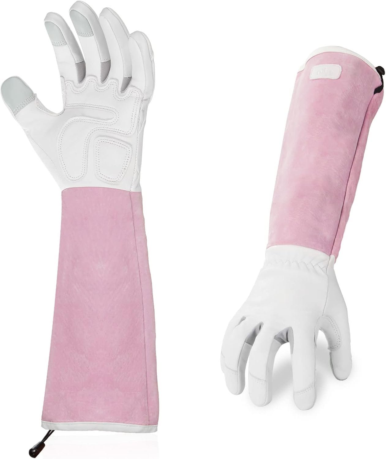 1-Pair Premium Genuine Goat Leather Extra-Long Cuff Thornproof Gardening Gloves (Size M, Pink White, )