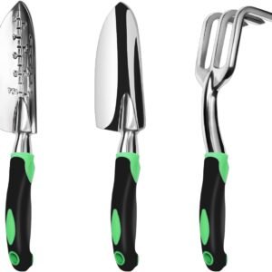 Garden Tool Set，100% Thicker Aluminum Gardening Kit,3 Pack | Includes Hand Trowel, Transplant Trowel and Cultivator Hand Rake，with Soft Rubberized Non-Slip Ergonomic Handle,Garden Gifts
