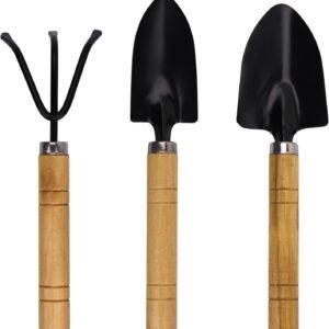 Kids Gardening Tools Set, 3-Piece Shovel Trowel Rake Kit | Wooden Handles, Metal Heads, For Succulents, Pots, Garden Beds, Indoor & Outdoor Use