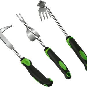 3 Piece Weeding Tool Set, Stainless Steel Hand Weeder Kit with Rubber Handles, Crack Weeder, Weed Puller and Crevice Tool for Lawn, Flower Beds, Sidewalk Cracks, Patio and Between Pavers