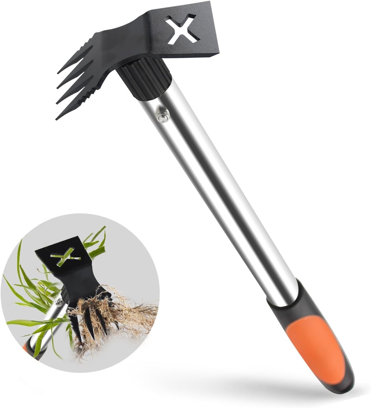 Upgraded Weed Puller, 17" Portable Garden Weed Pulling Tool | 2 in 1 Hoe & 4 Teeth Rake, Heavy Duty Manual Weeder, Durable Weed Remover Gardening Hand Tools for Yard, Lawn, Farm