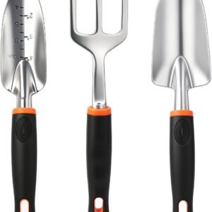3-in-1 Garden Tool Set, Heavy Duty Gardening Hand Tools with Hand Trowel, Transplant Trowel & Hand Rake, Aluminum Alloy Garden Kit with Ergonomic Non-Slip Handle for Digging Planting Weeding