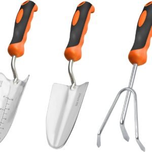 Garden Tool Set with Heavy-Duty Trowel, Transplanter & Cultivator | 3-in-1 Garden Tool for Digging & Planting, Polished Cast-Aluminum Head for Rust Resistance, SoftGrip Handle Reduce Fatigue