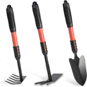 Garden Tool Set, 3 Pack Lightweight Heavy Gardening Kit Including Hand Shovel, Transplant Shovel and Hand Rake with Soft Rubber Non-Slip Handle, for Planting Weeding Digging, Orange