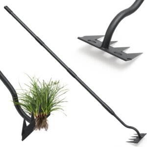 Manual Weeder Tool,4 Tines Garden Weeding Rake with Sharp Blade,55 Inch Long Handle,Heavy Duty Stand Weeding Tool for Weeding Loosening Soil Gathering Leaf Leveling Thatch Rake