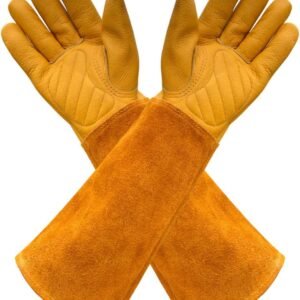 Leather Gardening Gloves for Women and Men | Thorn and Cut Proof Garden Work Gloves with Long Heavy Duty Gauntlet | Suitable For Thorny Bushes Cacti Rose (Large, Yellow)
