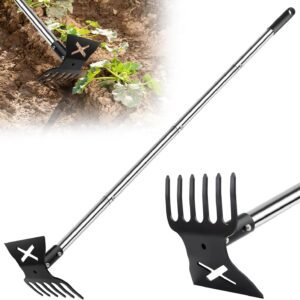 2 in 1 Garden Hoe for Weeding and Cultivator Rake with 57" Long Handle | Heavy Duty Garden Weeders and 6-Tine Cultivators, Adjustable Handle Hoe Garden Tool for Weeding, Planting, Loosening Soil