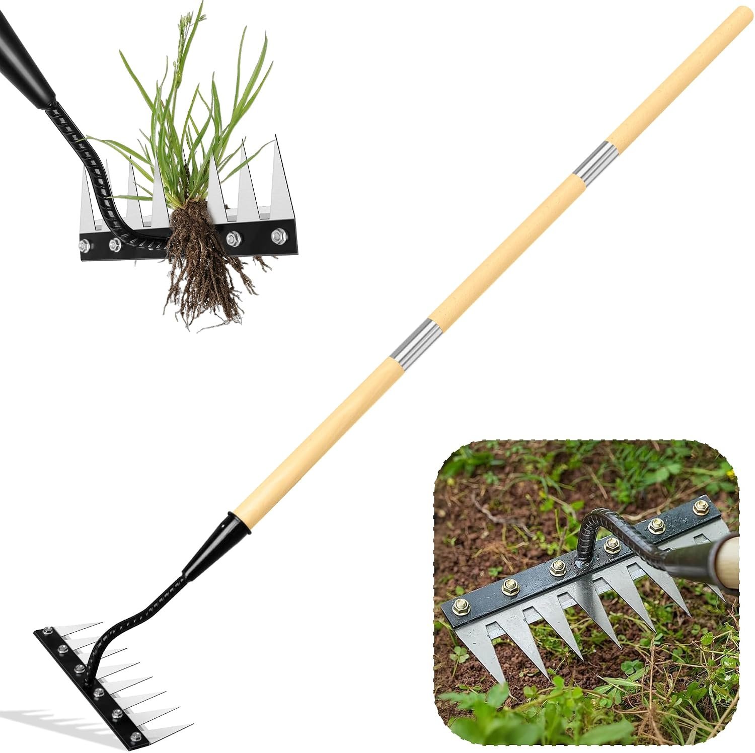 Iron Weeding Rake with Long Handle 2.0, Upgraded 8 Teeths Garden Weed Puller Tool Heavy Duty Gardening Tool for Lawn, Flower Beds & Soil Aeration