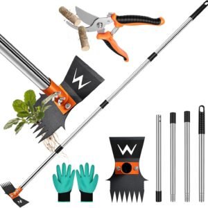 Garden Hoe & Weed Puller Tool with Long Handle, 60 Inch,Manual Weed Remover Tool, 3-in-1 Weed Rake & Grabber & Pruning Shears, Dandelion Gardenia Heavy Duty Uprooting Tool for Yard, Lawn and Garden