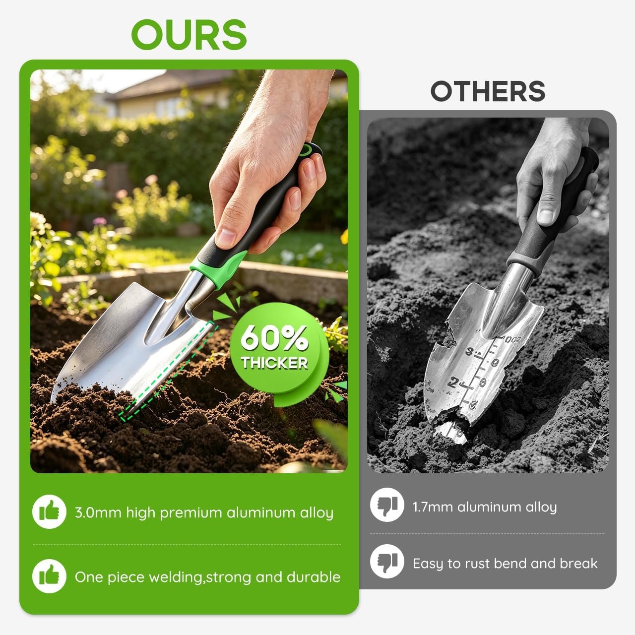 Garden Tool Set,100% Thicker Aluminum Gardening Kit,3 Pack | Includes Hand Trowel, Transplant Trowel and Cultivator Hand Rake,with Soft Rubberized Non-Slip Ergonomic Handle,Garden Gifts - Image 2