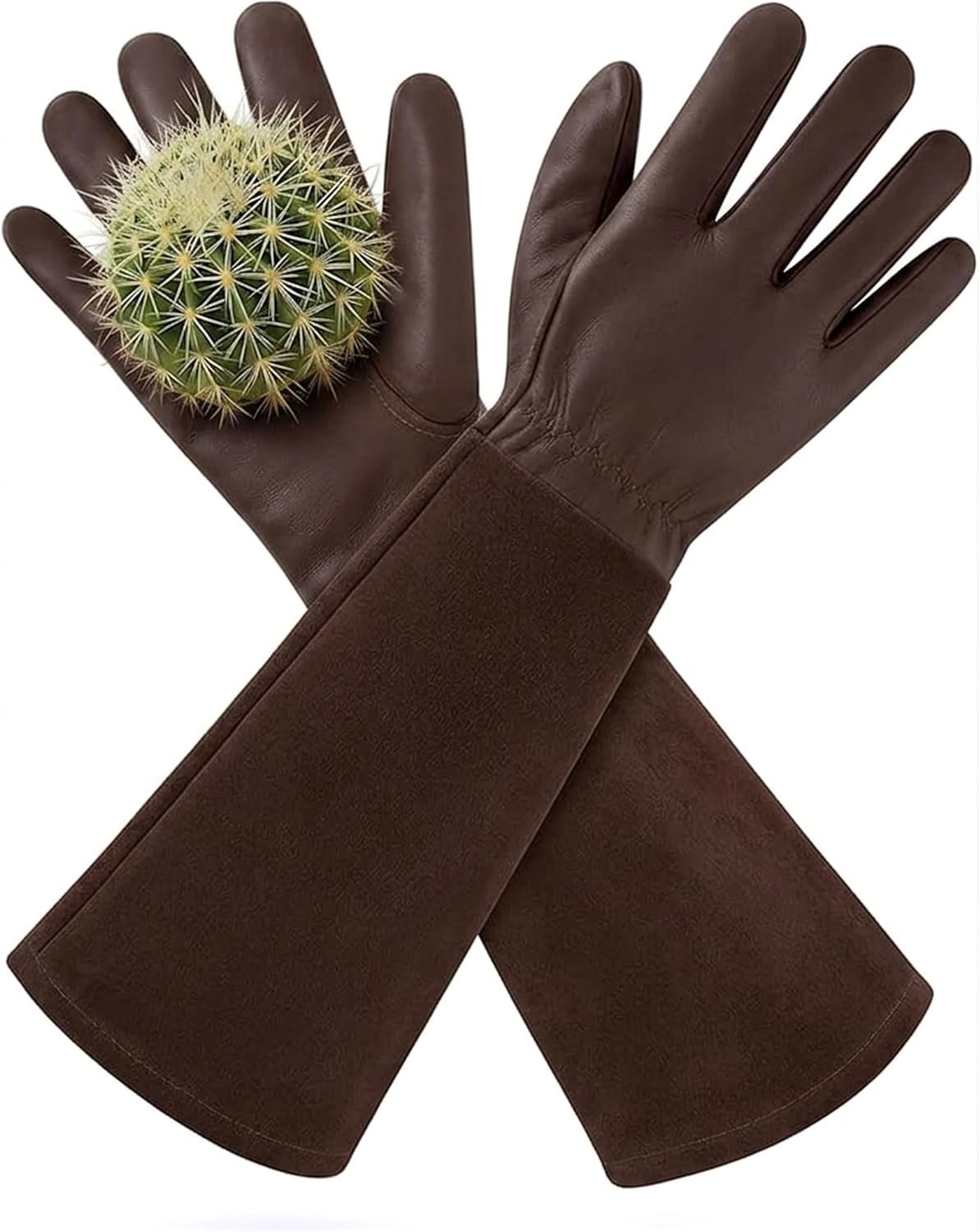 Thorn Proof Gardening Gloves for Women & Men, Long Rose Pruning Gloves with Cowhide Leather Gauntlet & Forearm Protection - Brown (L)