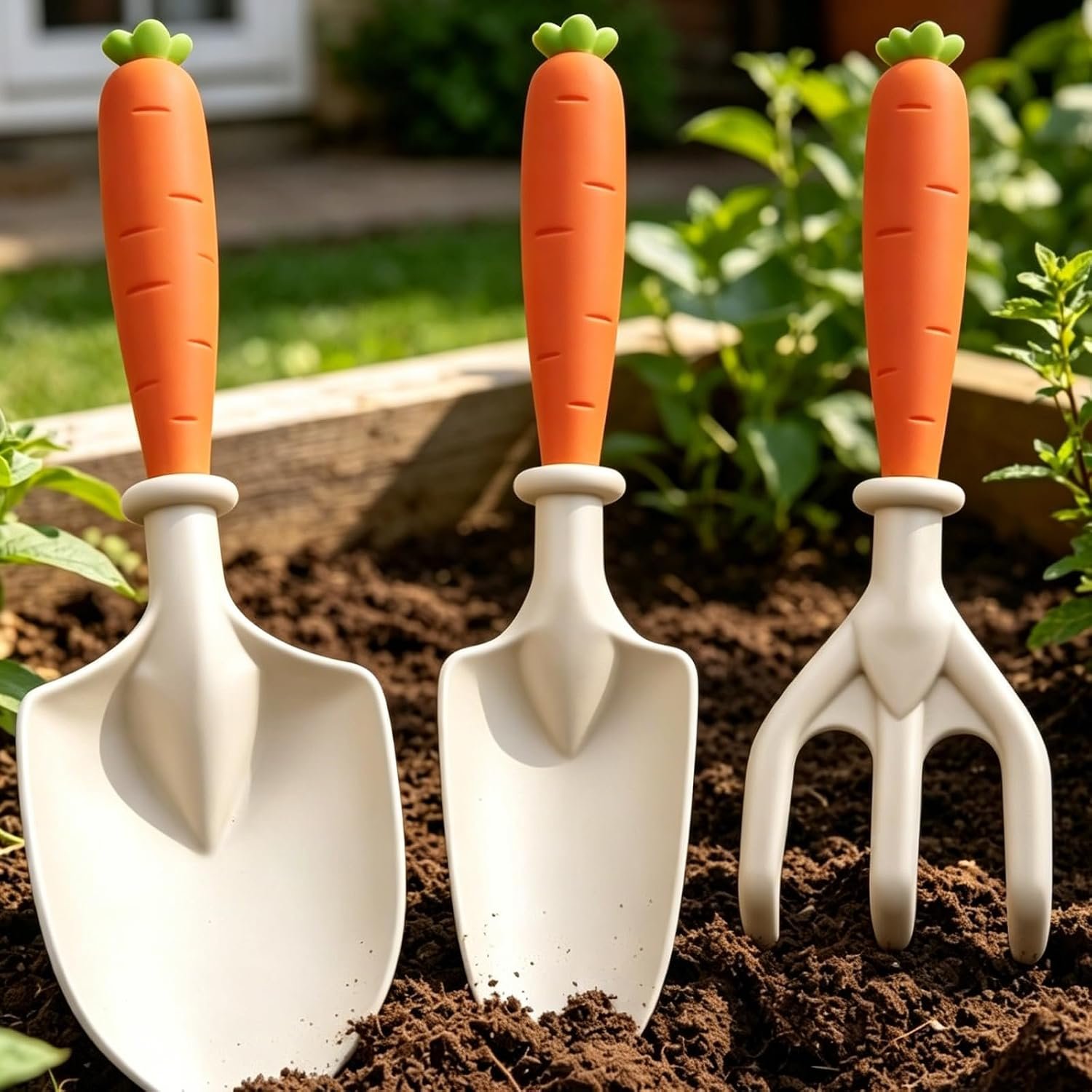 Garden Tool Set with Wide Shovel Pointed Shovel and Rake, 3-Piece Gardening Tool Set for Planting Weeding Digging in Lawns and Vegetable Gardens, Carrot and Corn Styles Available (Carrot) - Image 2