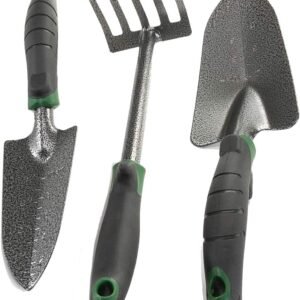 Garden Tool Set - Heavy Duty Carbon Steel Trowel, Transplanter, Hand Rake - 3 Piece Garden Tool Set with Bend-Proof Design - Ergo Rubber Grip Handles