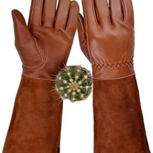 Leather Gardening Gloves for Women Men, Long Rose Pruning Gloves Thorn Proof Cowhide Gauntlet Cactus Garden Gloves for Yard (Brown, L)