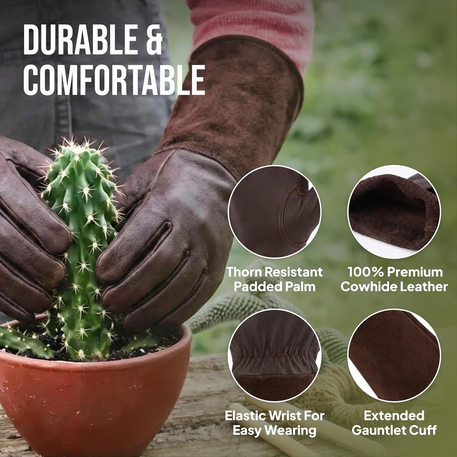 Thorn Proof Gardening Gloves for Women & Men, Long Rose Pruning Gloves with Cowhide Leather Gauntlet & Forearm Protection - Brown (L) - Image 2