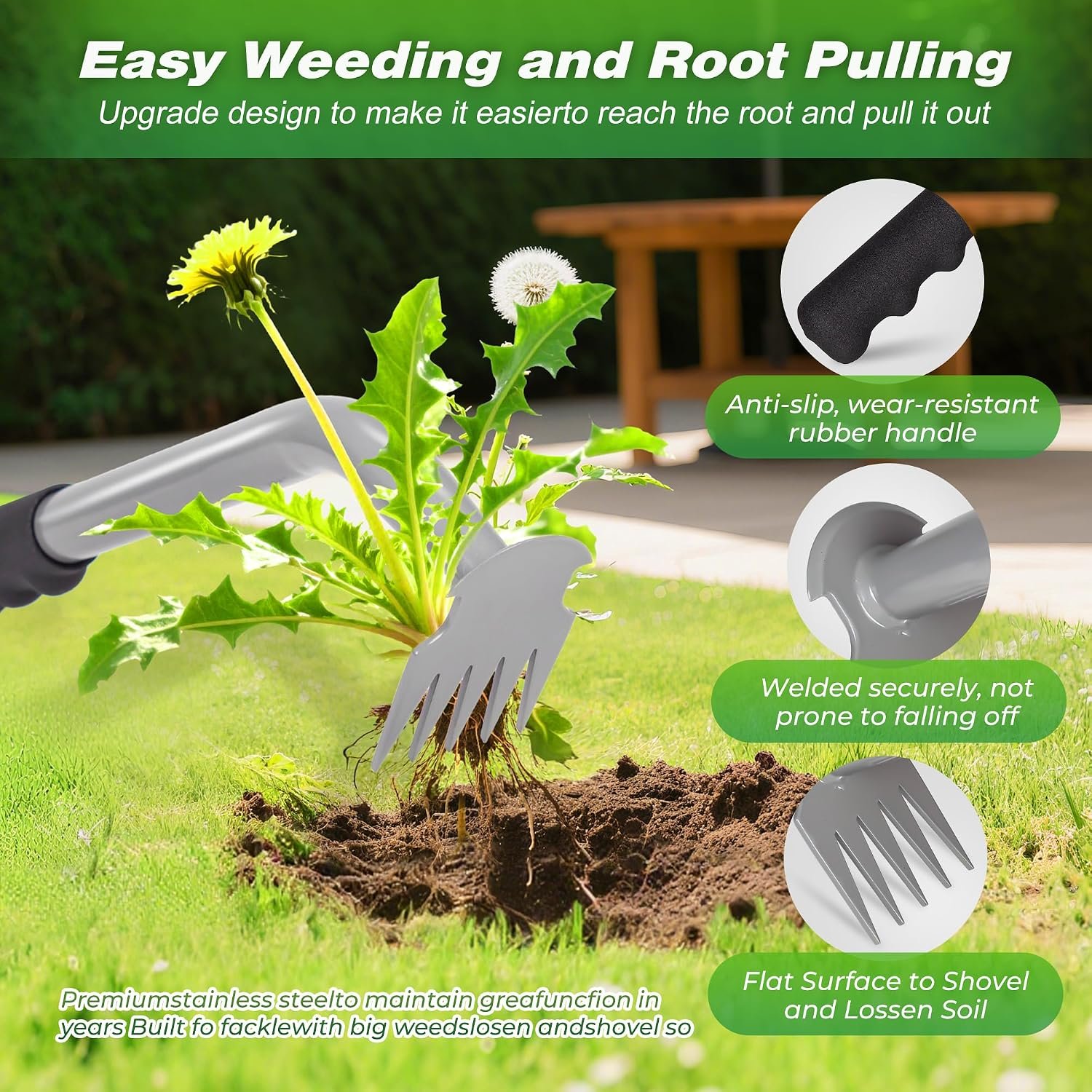 Weed Puller Tool - Durable Weeding Tool for Dandelions & Crabgrass | Manganese Steel 5-Tine Head, Ergonomic Rubber Grip, Efficient Uprooting, Ideal for Vegetable Gardens & Backyards - Image 2