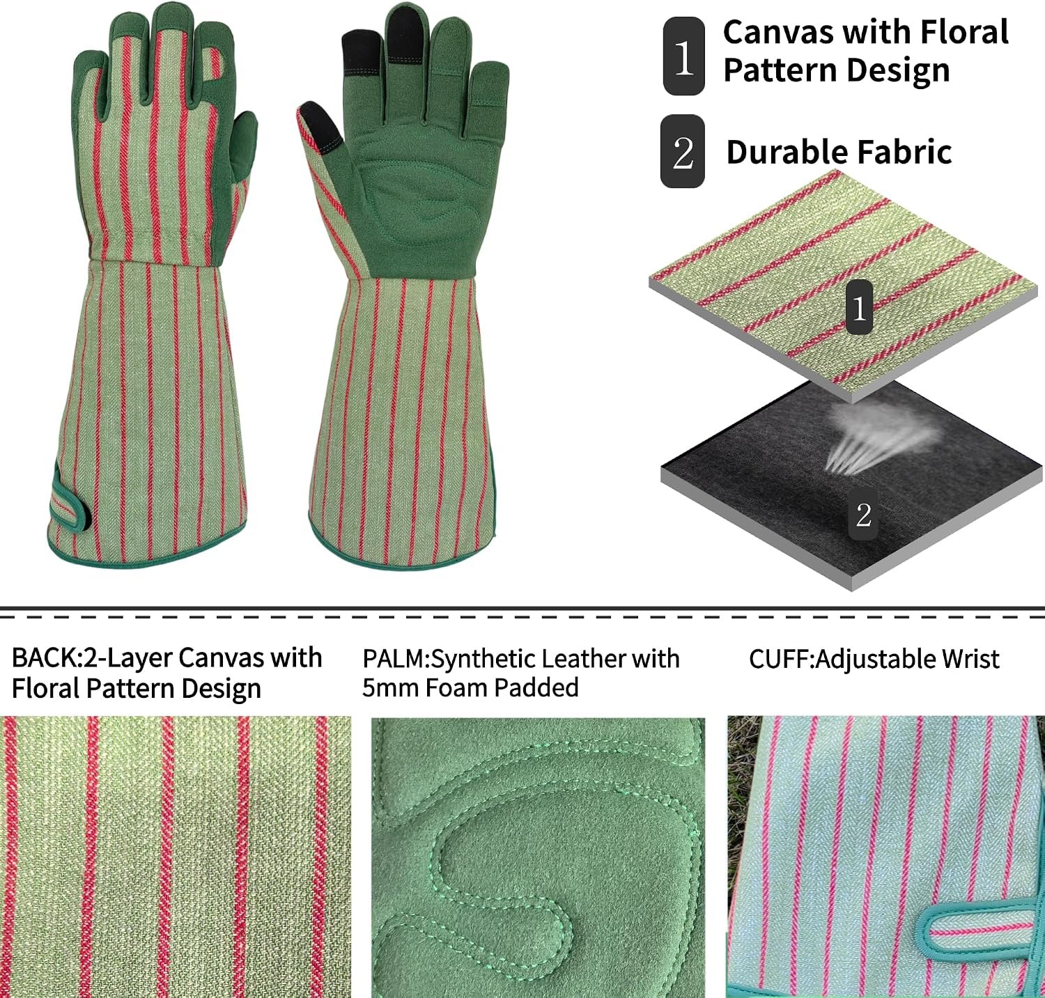 Thornproof Rose&Cactus Gardening Gloves,Gauntlet Garden Glove,Gifts | Canvas,Cute Floral Pattern,Leather Palm,Touchscreen,Durable Material,Garden Gift,Men&Women,Machine Washable,Adjustable Cuff - Image 2
